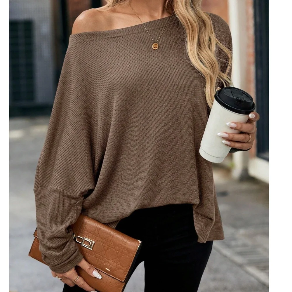 Solid Off Shoulder Loose Fit Waffle Long Sleeve Top - Picture 10 of 16